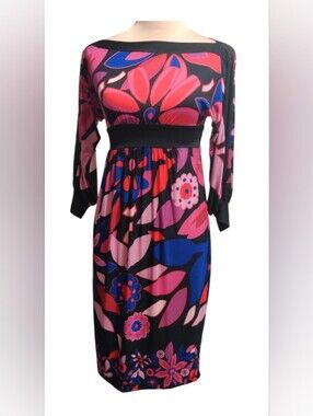 Olian Floral Print Midi Dress Maternity 3/4 Sleeve Retro Colors Sz Small NWT